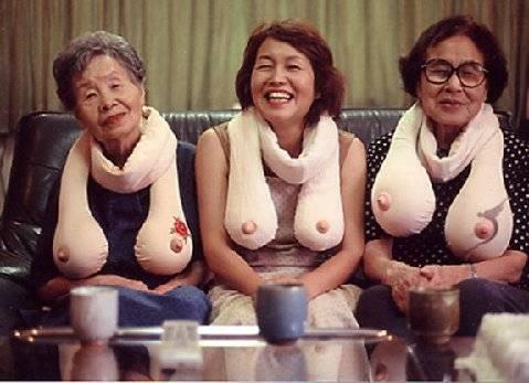 Funny picture of grannies in Japan with funny boob like scarf